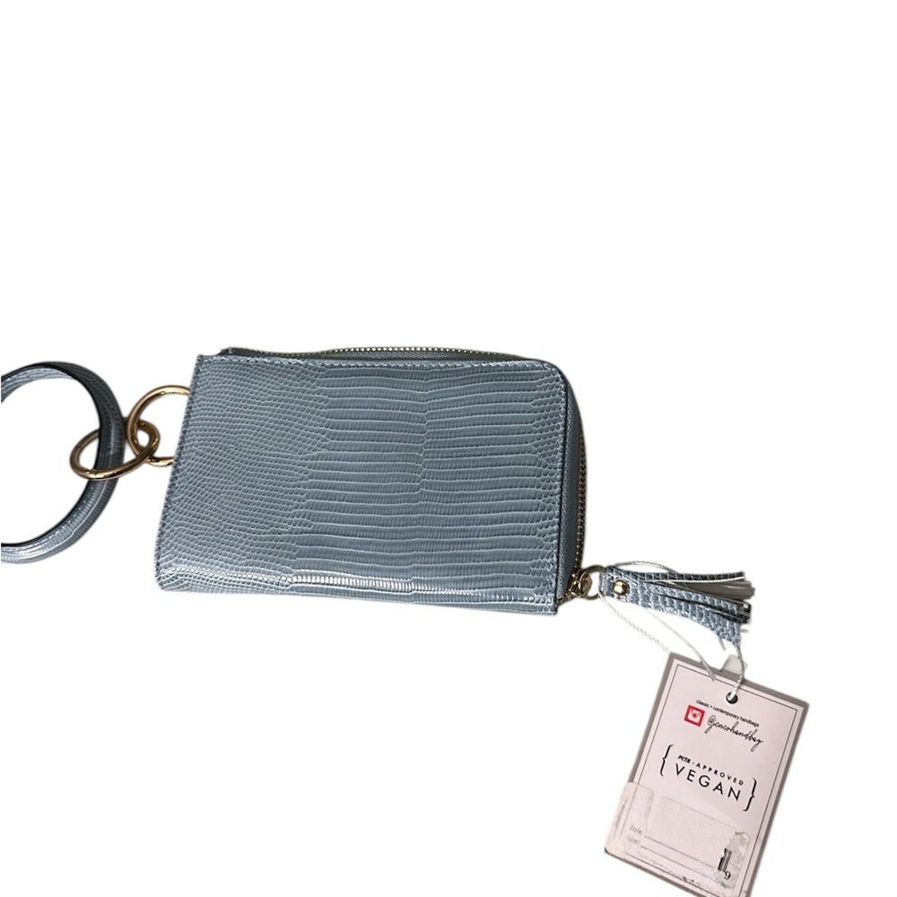 NWT Jen& co blue Vegan Leather Gray Wristlet with keychain and tassel so cute